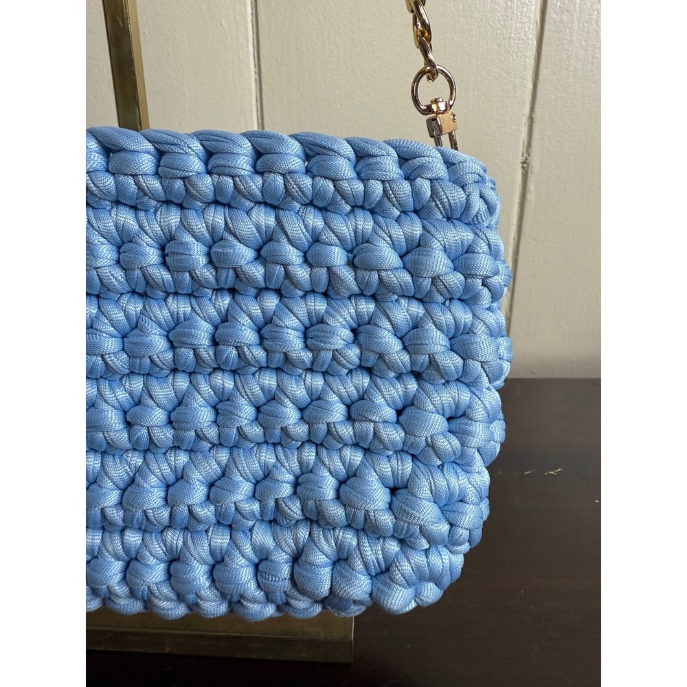 Crochet Shoulder Bag‎ Women's Light Blue Knit Purse with Gold Chain Strap Clutch - Picture 3 of 11